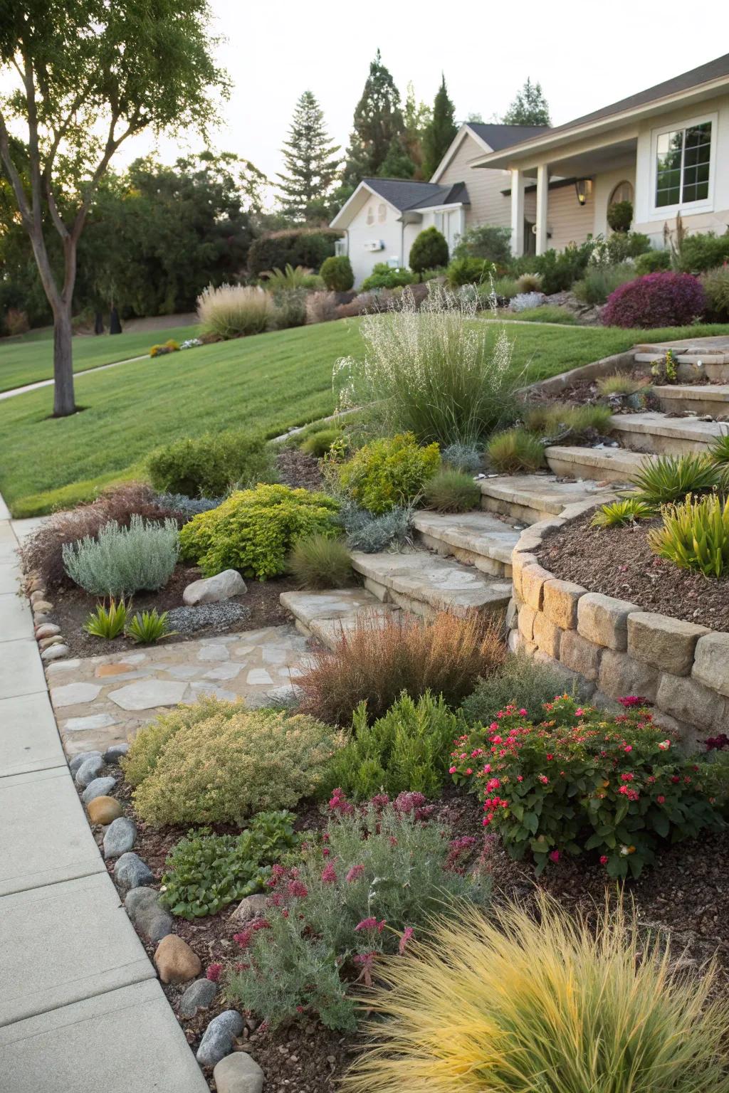 Tiered planting maximizes space and visual interest in a xeriscape yard.