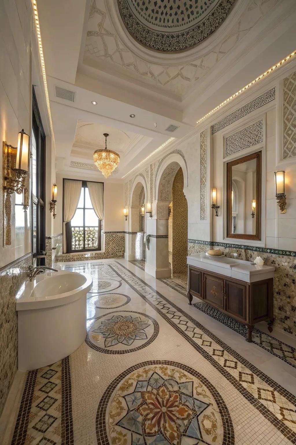 Intricate mosaic flooring turns any room into a masterpiece.