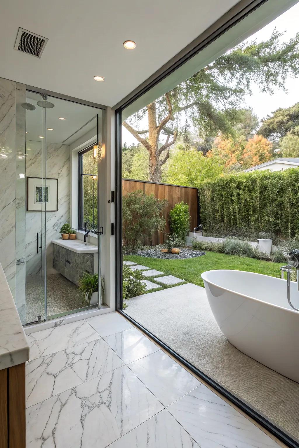 Exterior connections offer a unique bathing experience.