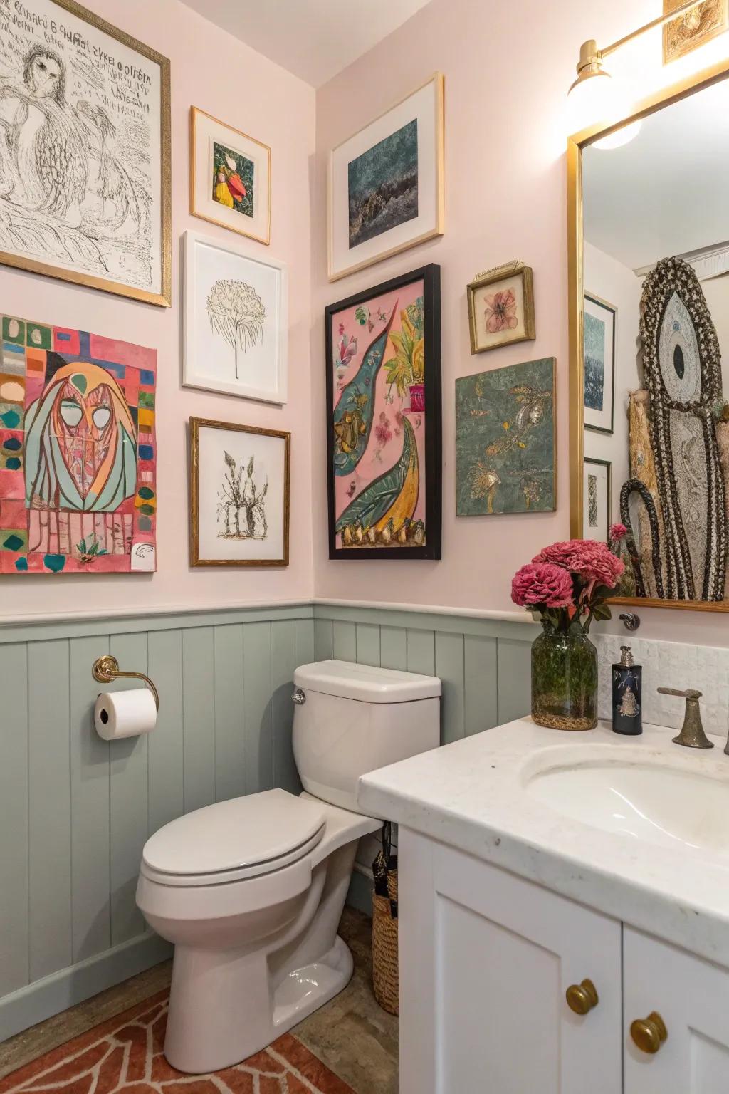 Eclectic artwork pieces injecting personality into a bathroom.