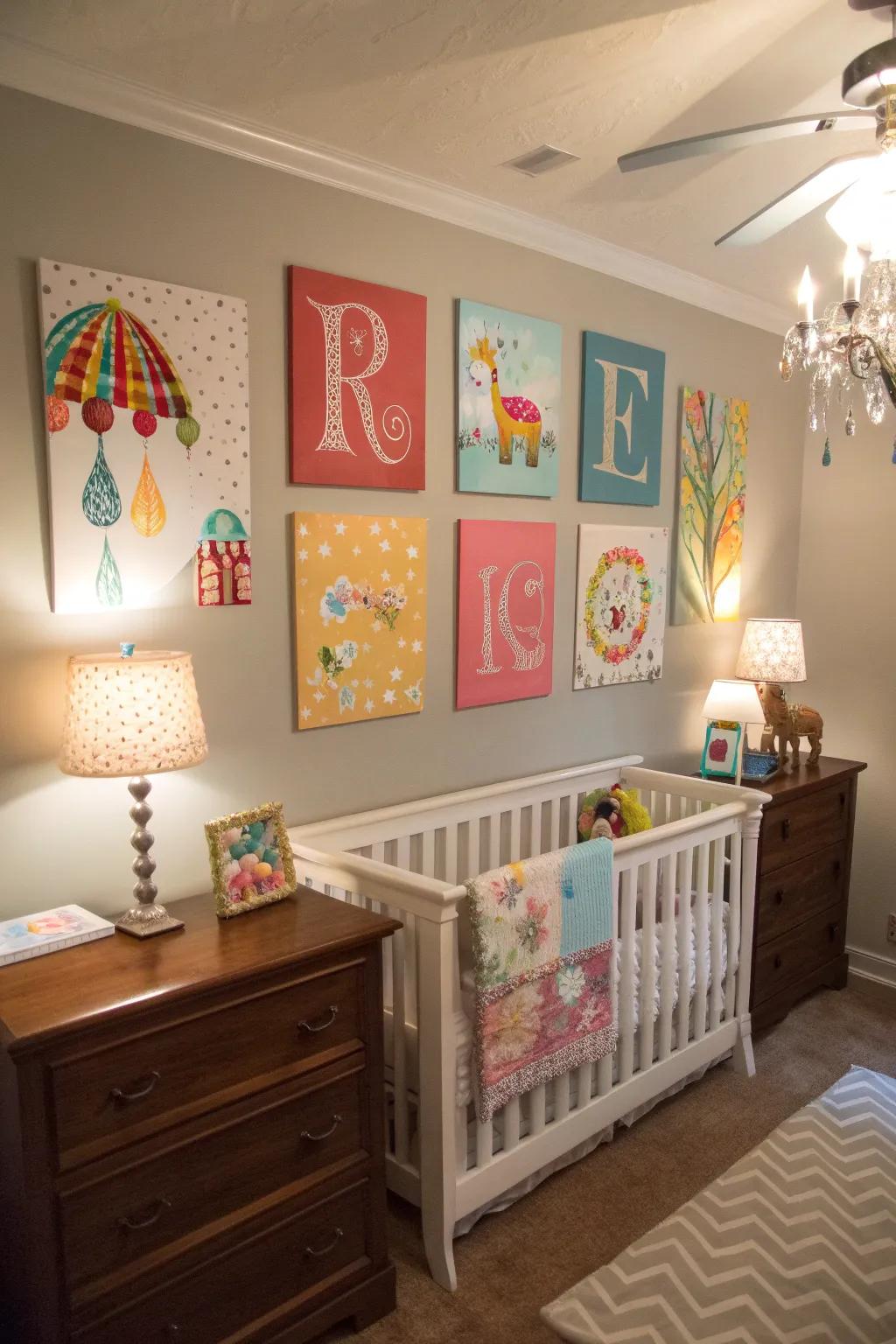 A nursery featuring customized art pieces like a custom name sign and custom-painted canvases.