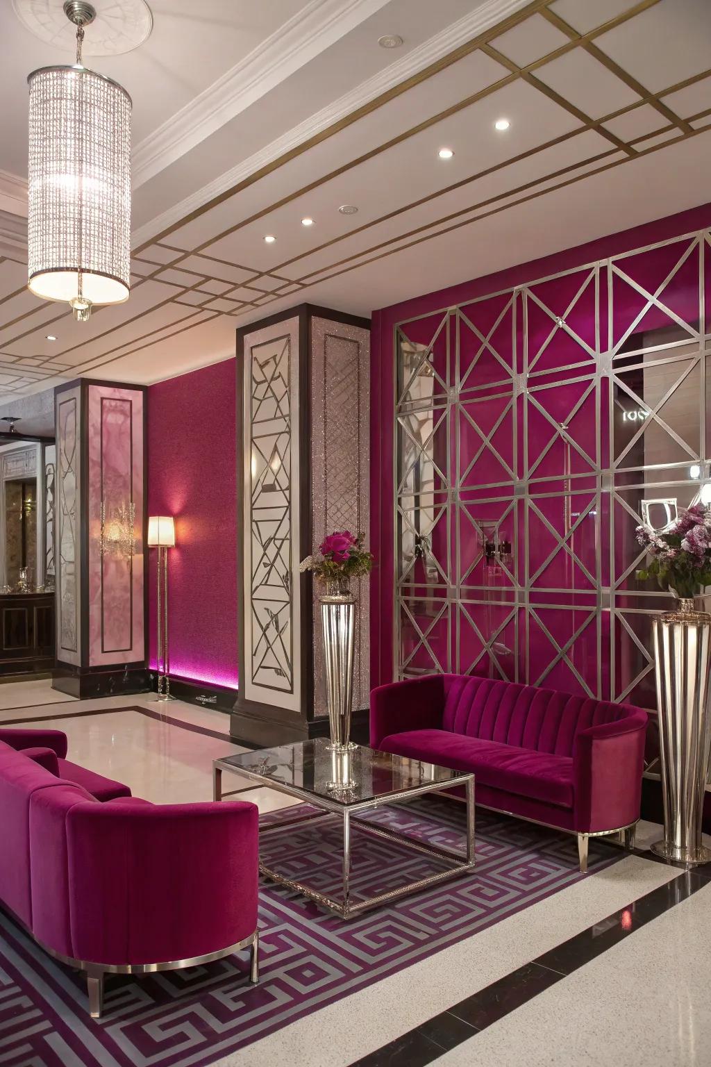 Magenta accents bring a modern twist to this Art Deco-inspired room.