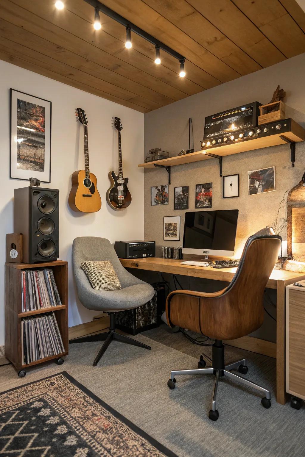 A music corner offers an inspiring retreat.