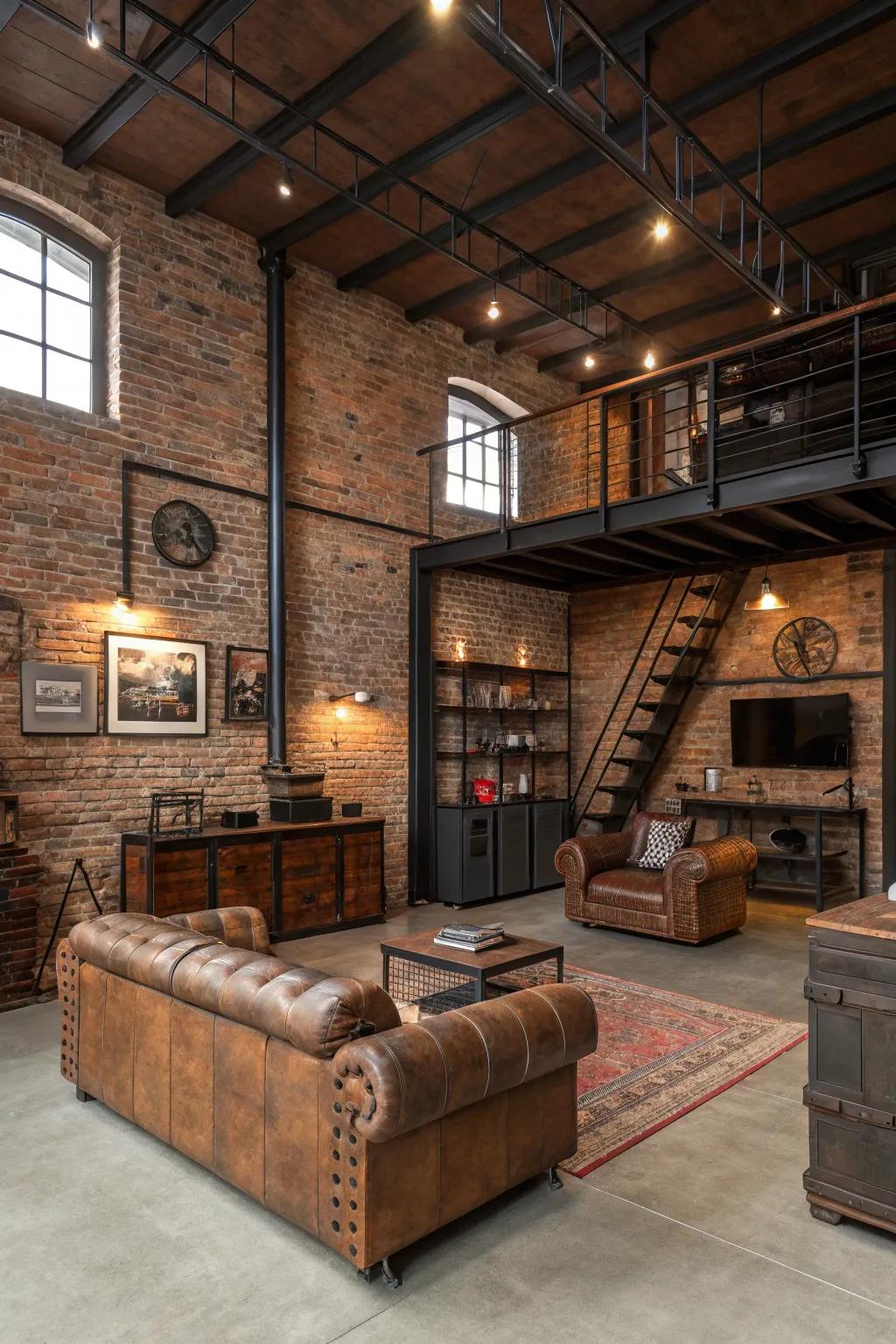 An industrial loft design with exposed brick creating a rugged look.