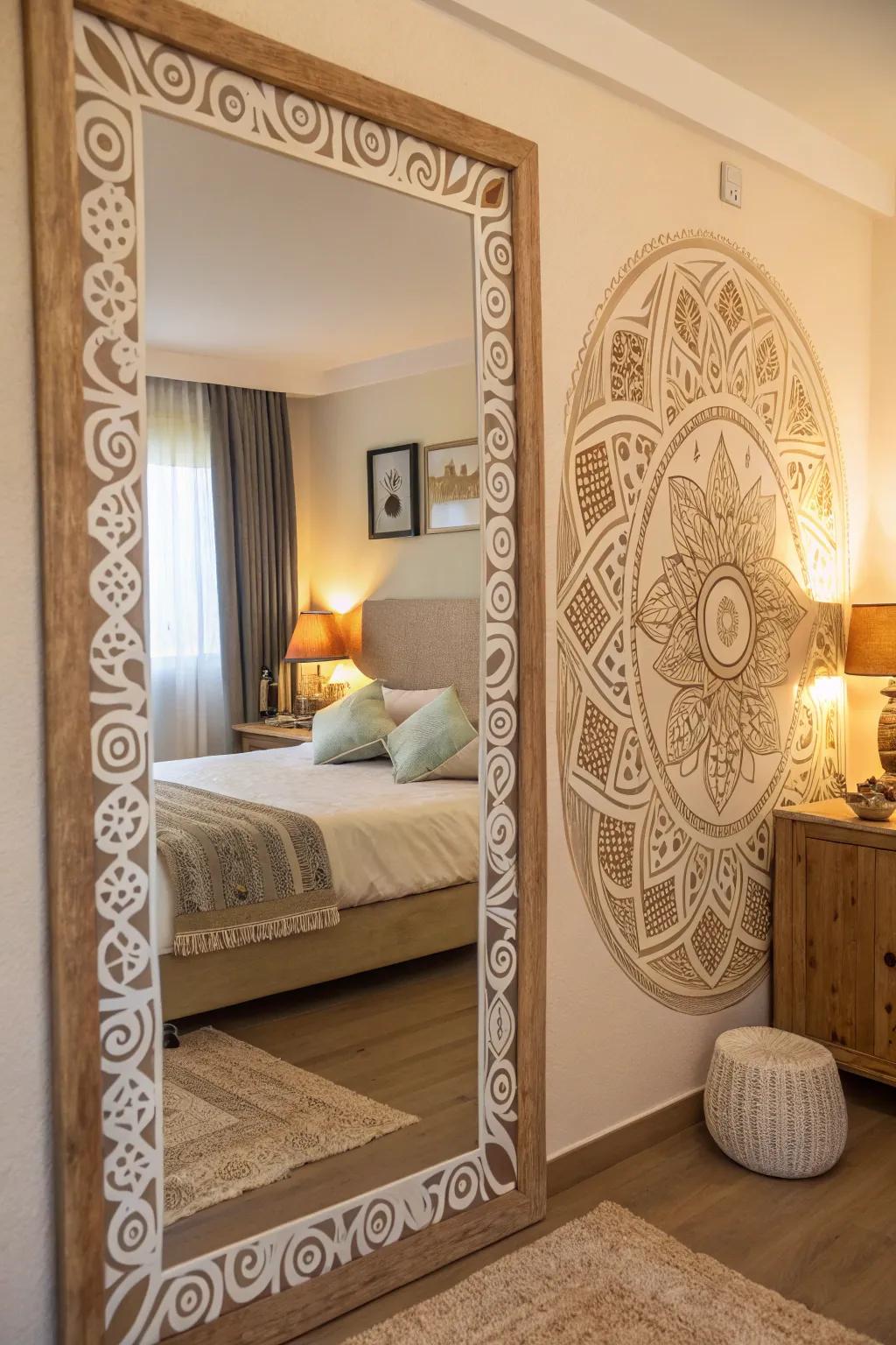 A mirror with a sacred geometry design border adding beauty to a bedroom.