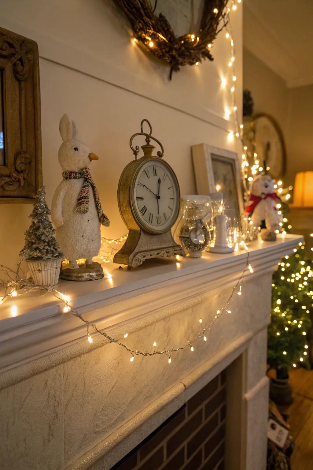 A whimsical mantel with a clock and playful décor elements.