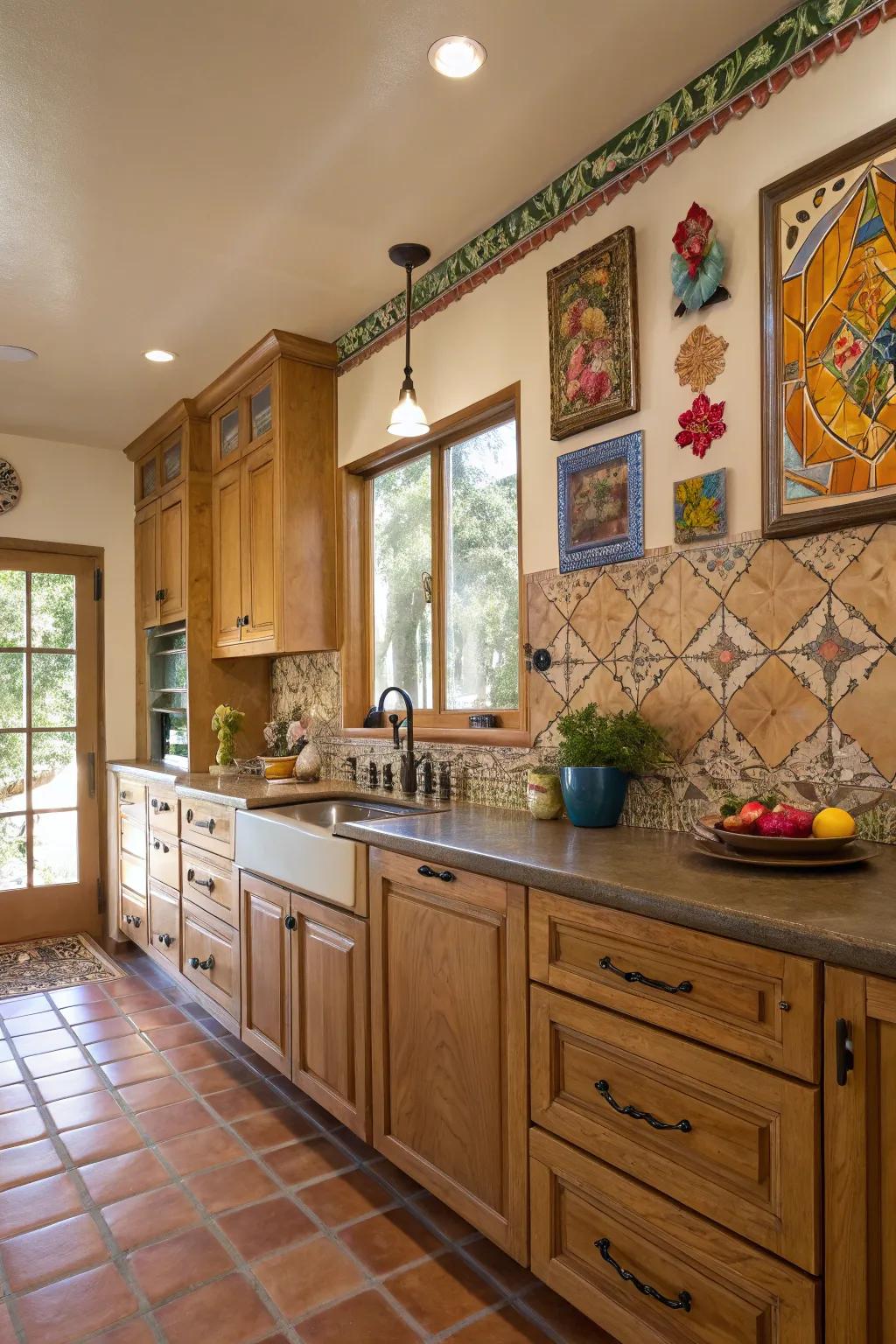 A creative cooking space with maple cabinets and artistic elements for a personal touch.