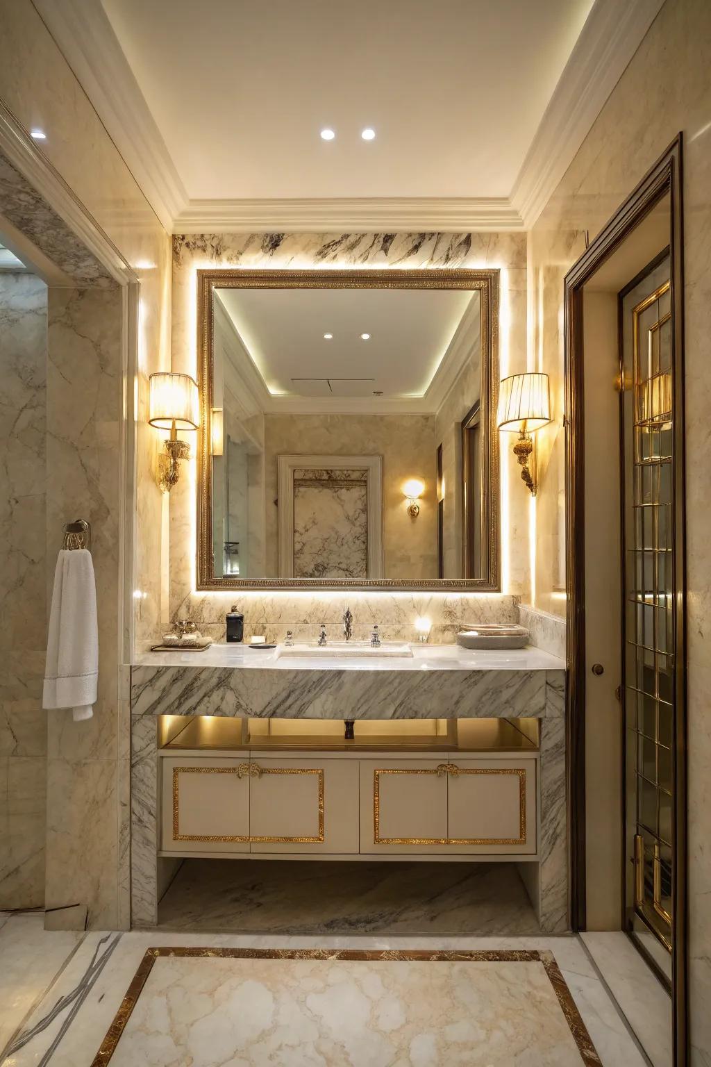 Backlit marble creates a soft, ambient glow.