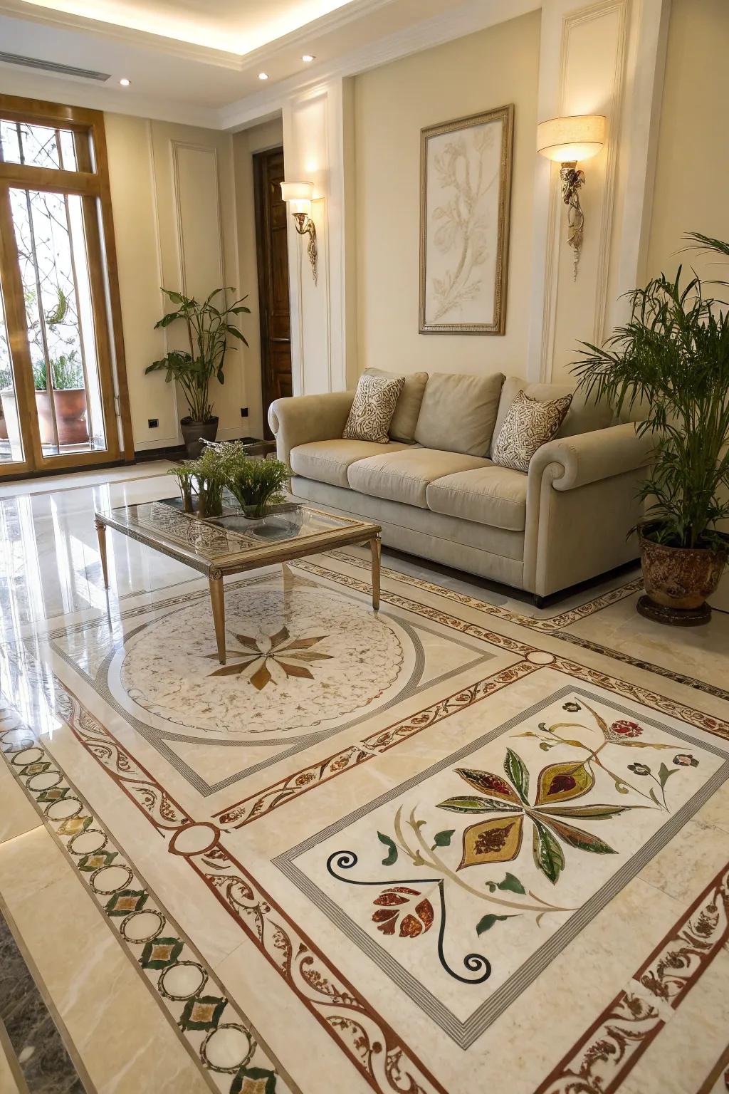 Artistic inlays create unique focal points in marble flooring.