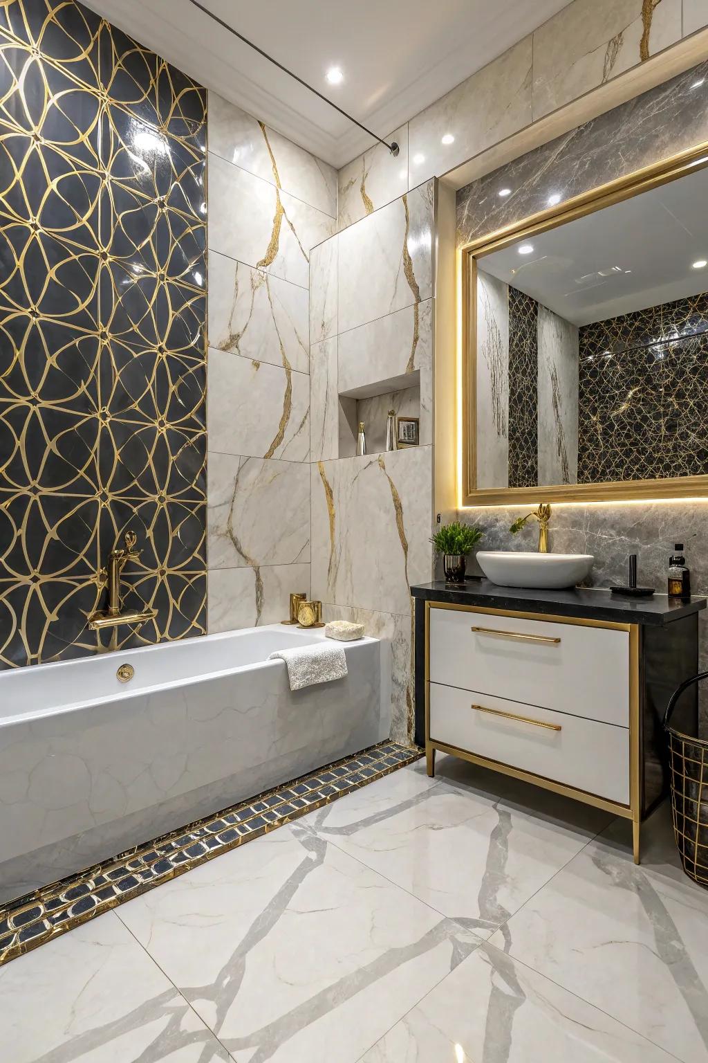A balanced and textured bathroom featuring polished and matte stone-look refined slabs.