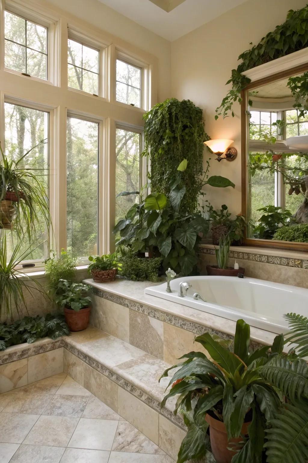 Greenery breathes life into this master bathroom, creating a refreshing oasis.