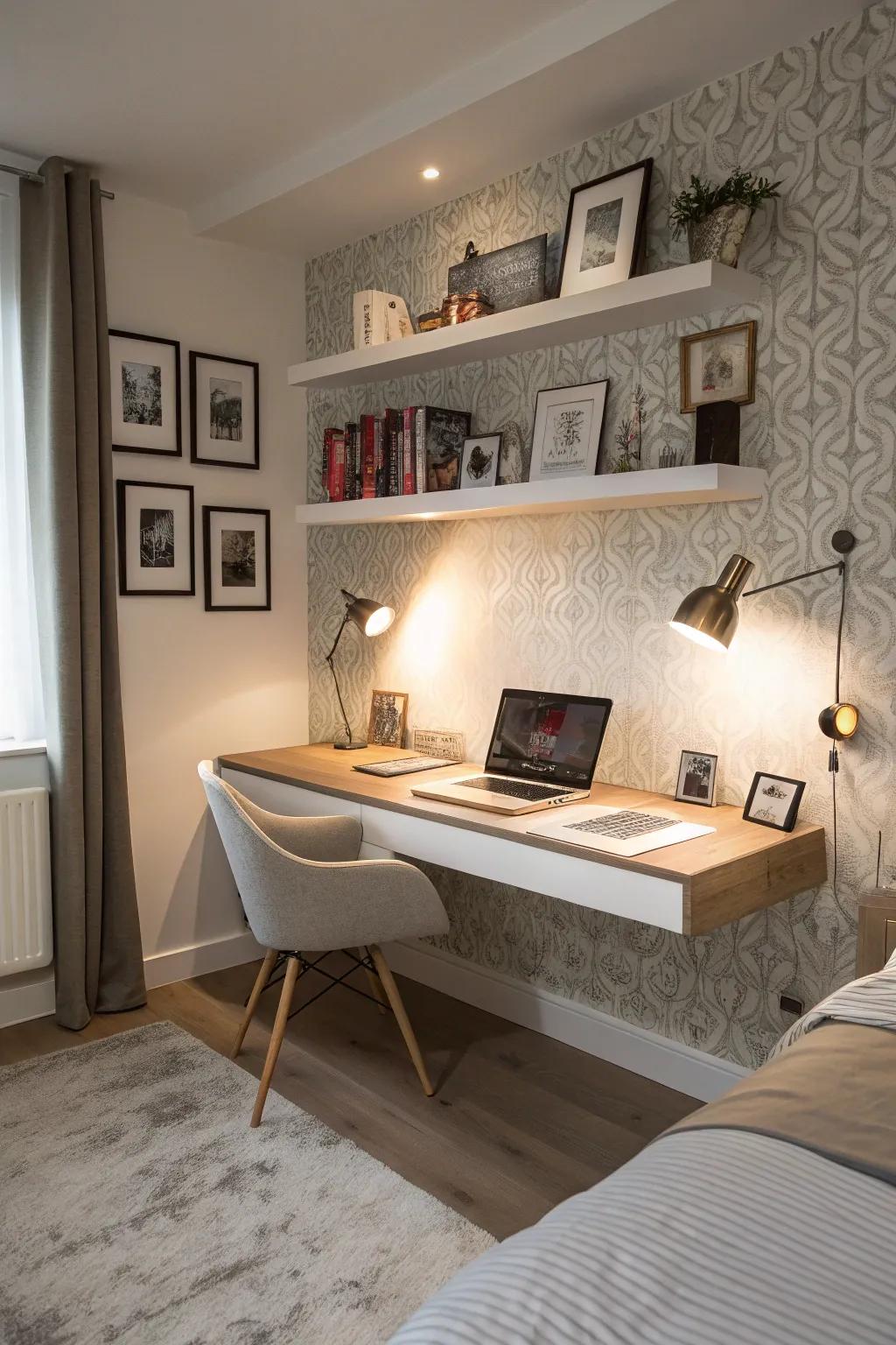 A bedroom featuring a refined wall-mounted desk optimizing floor space.