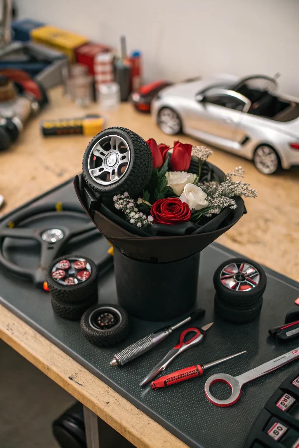 Vintage car lover's bouquet, a classic gift for car fans.