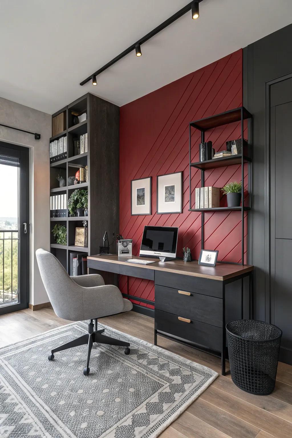 An accent wall adds a pop of personality to this home office.