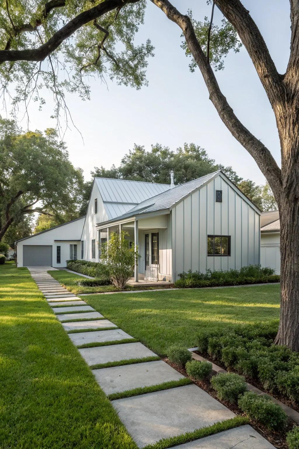 A tranquil neighborhood home with minimalist sleek metal cladding for a serene look.