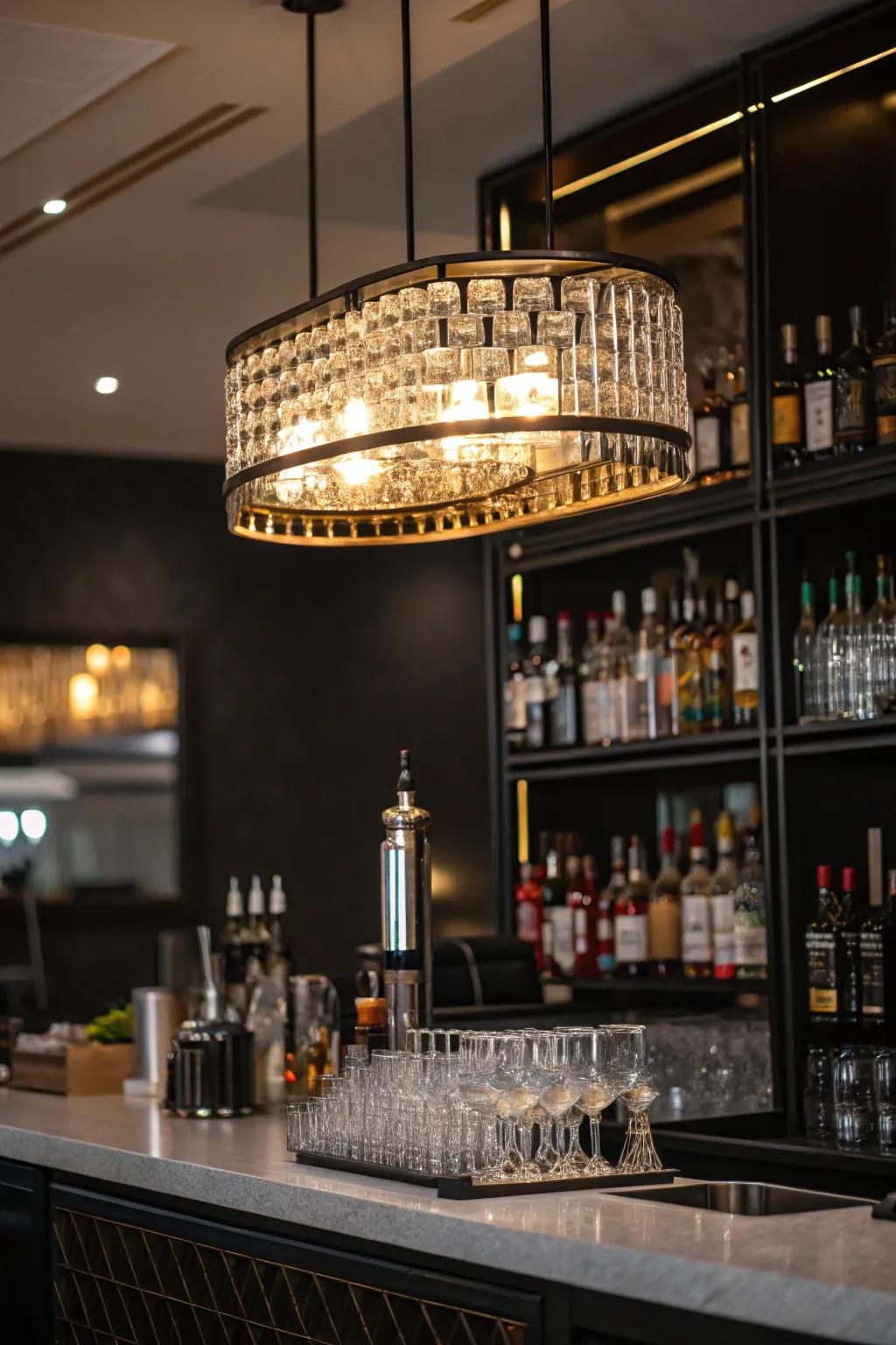 A statement light fixture becomes the centerpiece of the mini bar.