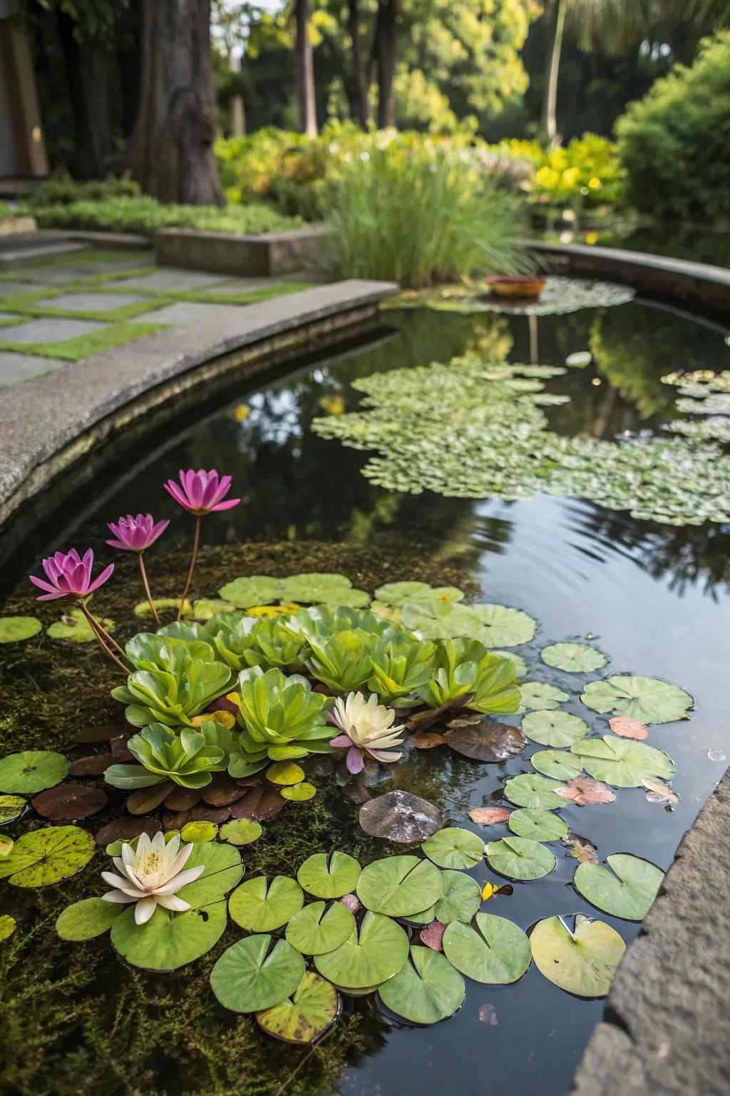 A vibrant mini pond showing off different water plants.