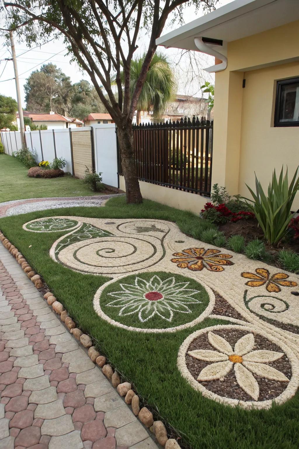 Mosaic designs bring an artistic flair to the artificial turf landscape.
