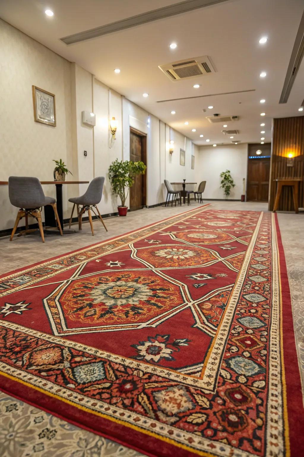 A room with an unexpected patterned carpet adding a wow factor.