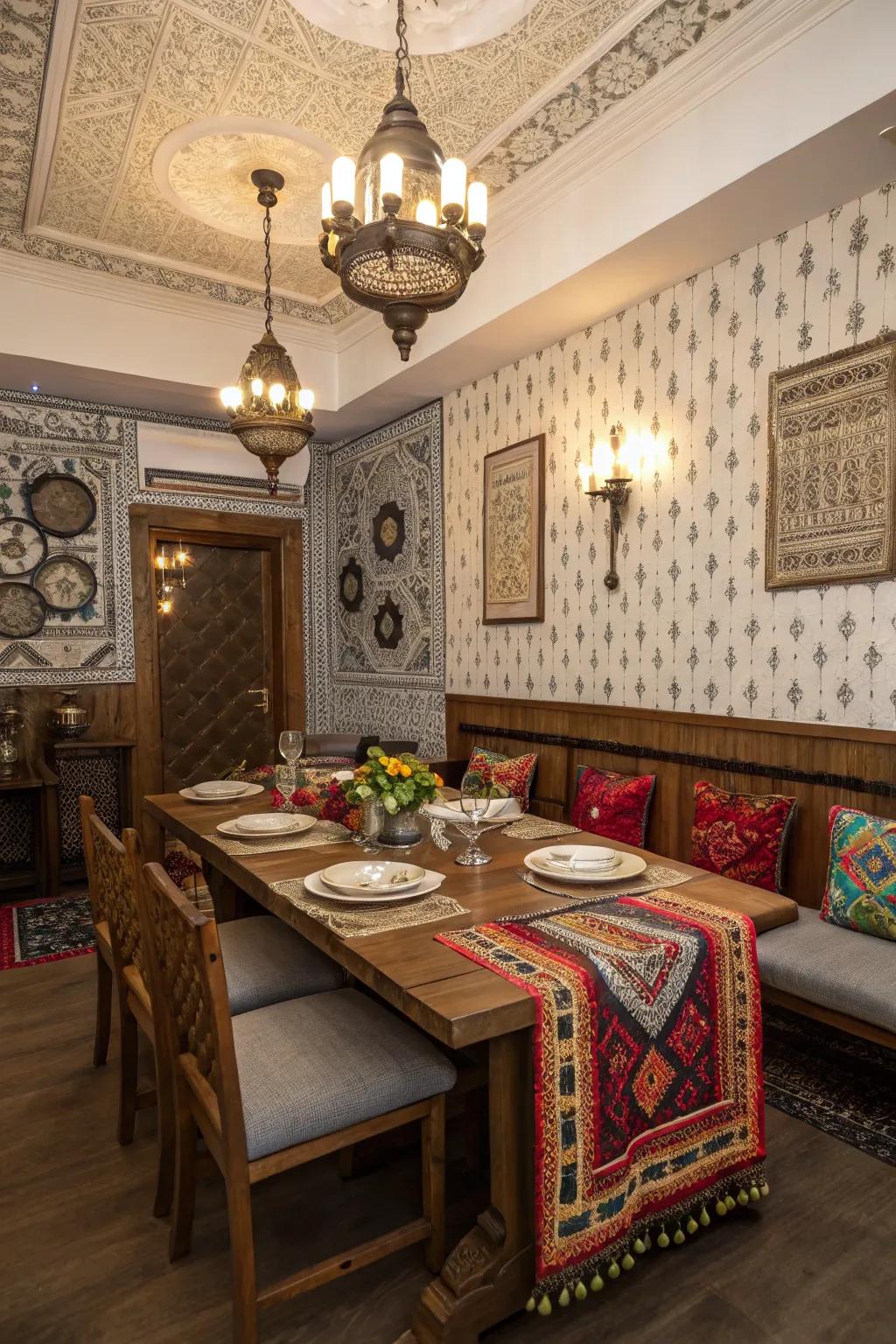 Cultural elements introduce a personal and unique touch to the dining area.