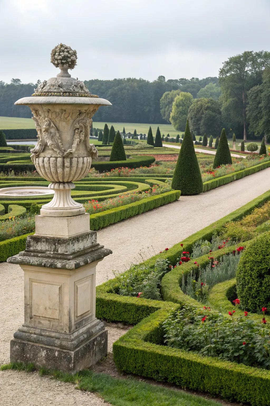 Artistic sculptures serve as stunning focal points in formal gardens.