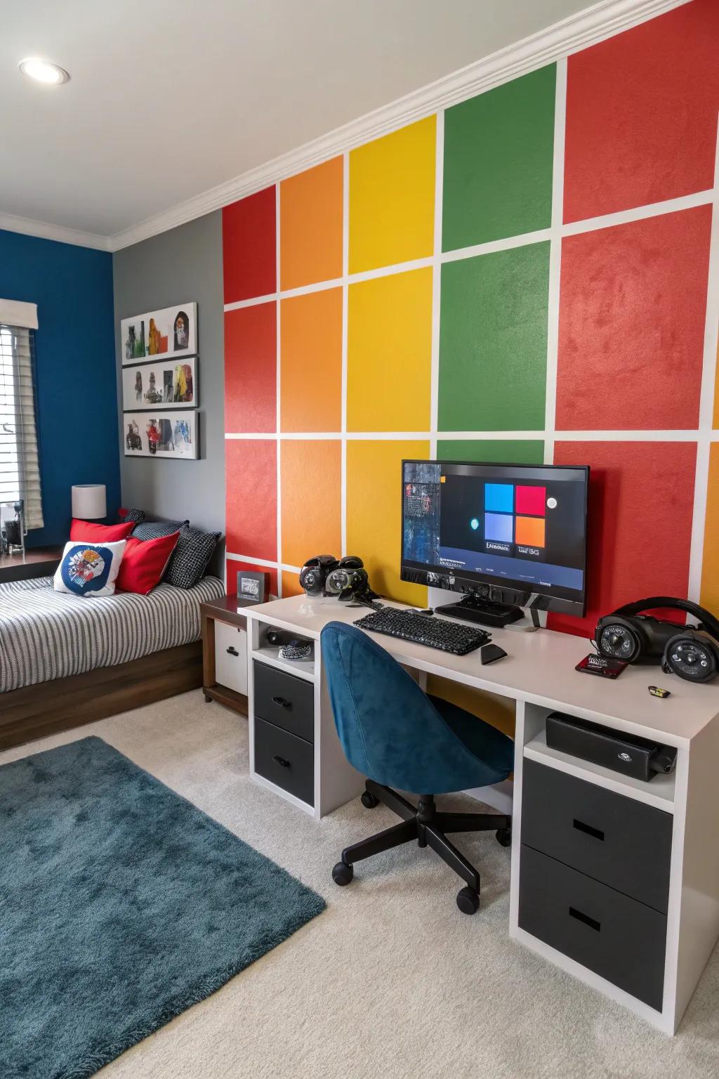 A gaming room that uses color blocking to create visual appeal.