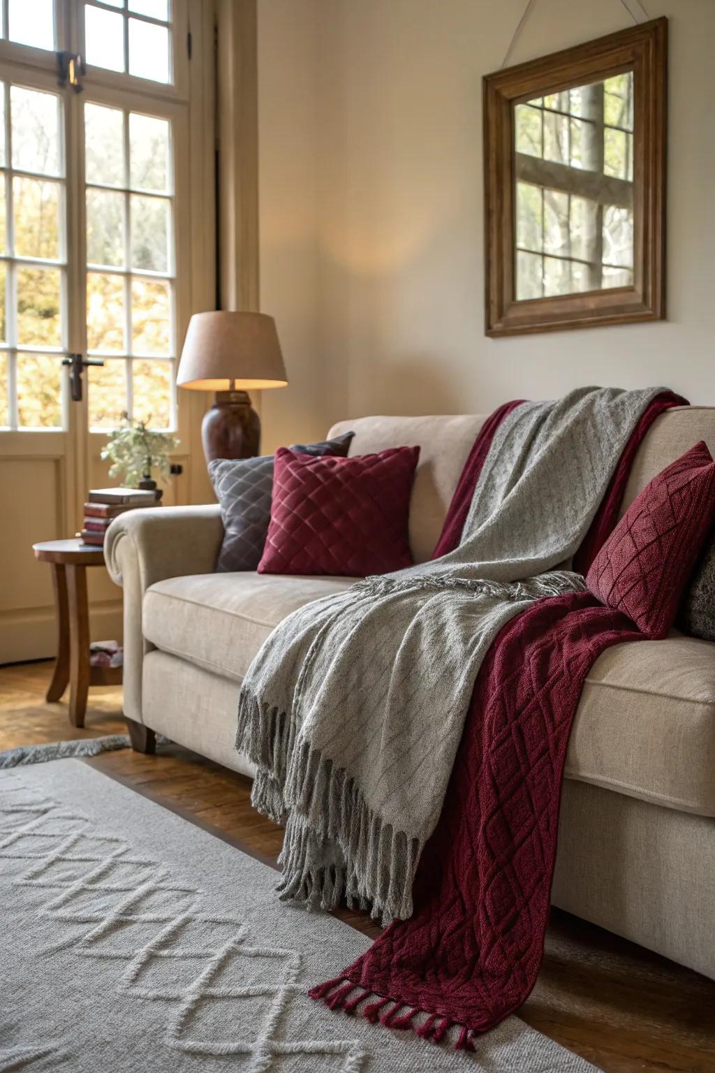 Living area featuring a combination of neutral and crimson throws on a sofa.