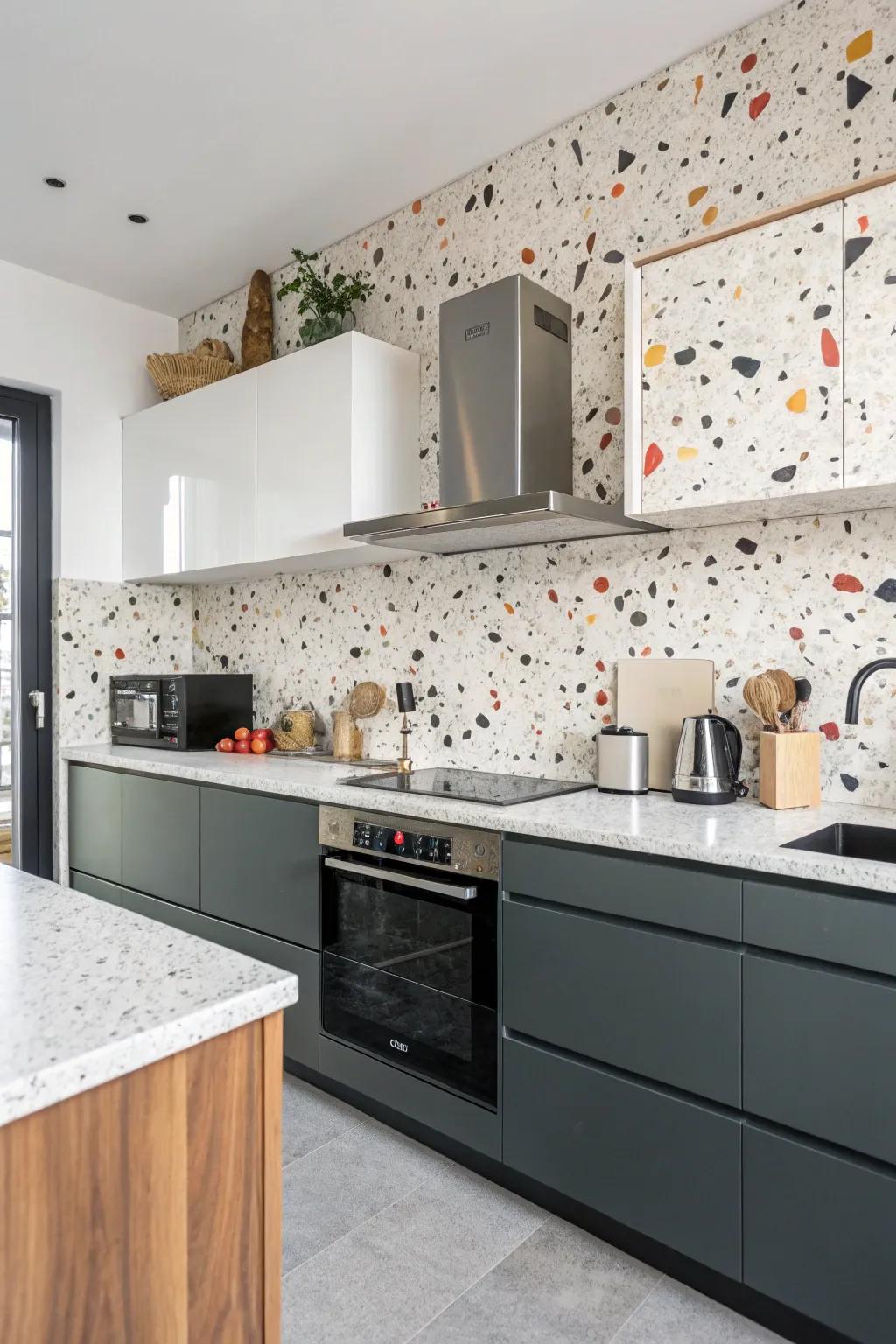 Terrazzo tiles infuse lively surface texture and color.