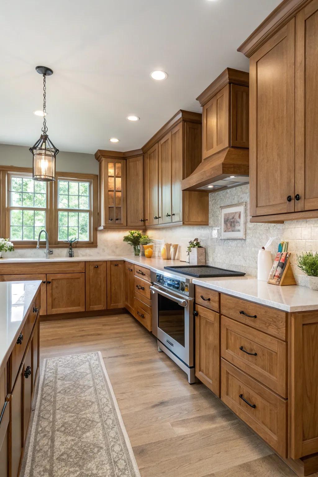 Symmetry in design crafts equilibrium and harmony in oak cabinet kitchens.