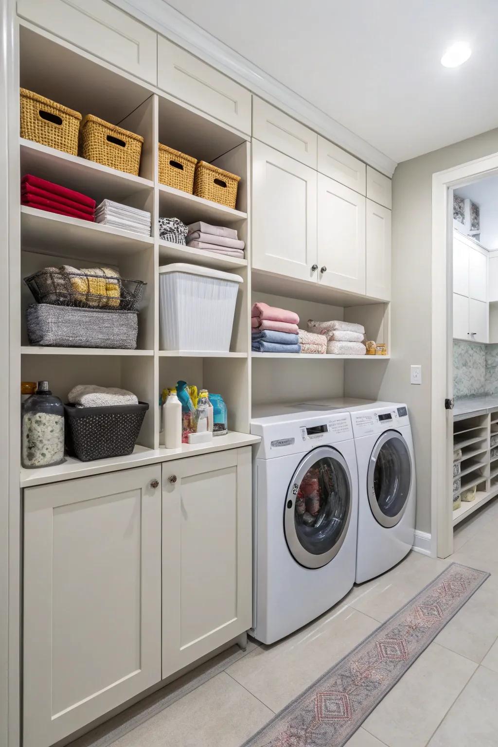 Vertical storage solutions maximize space efficiently.