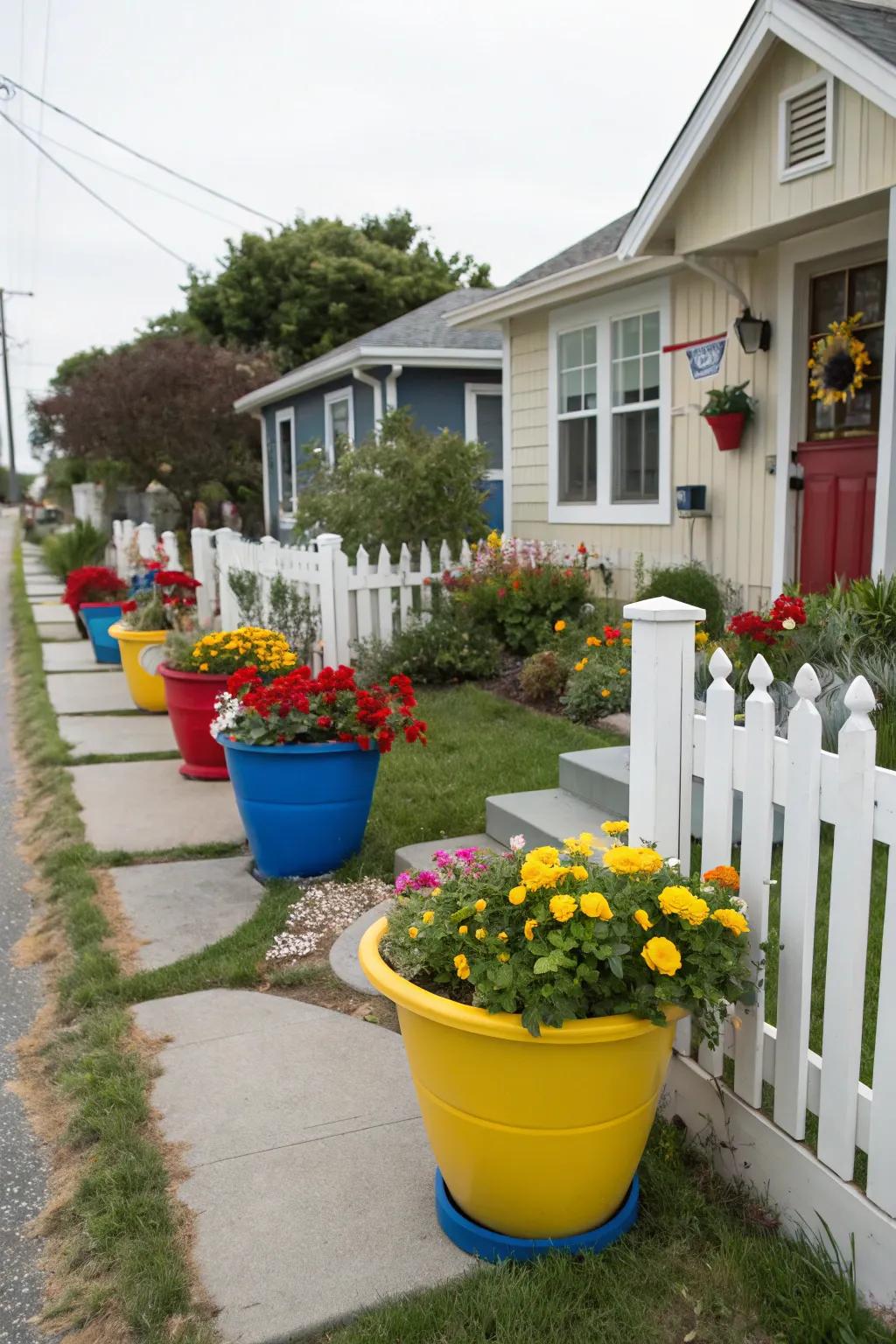 Brightly colored containers injecting vibrancy into a contemporary front yard.