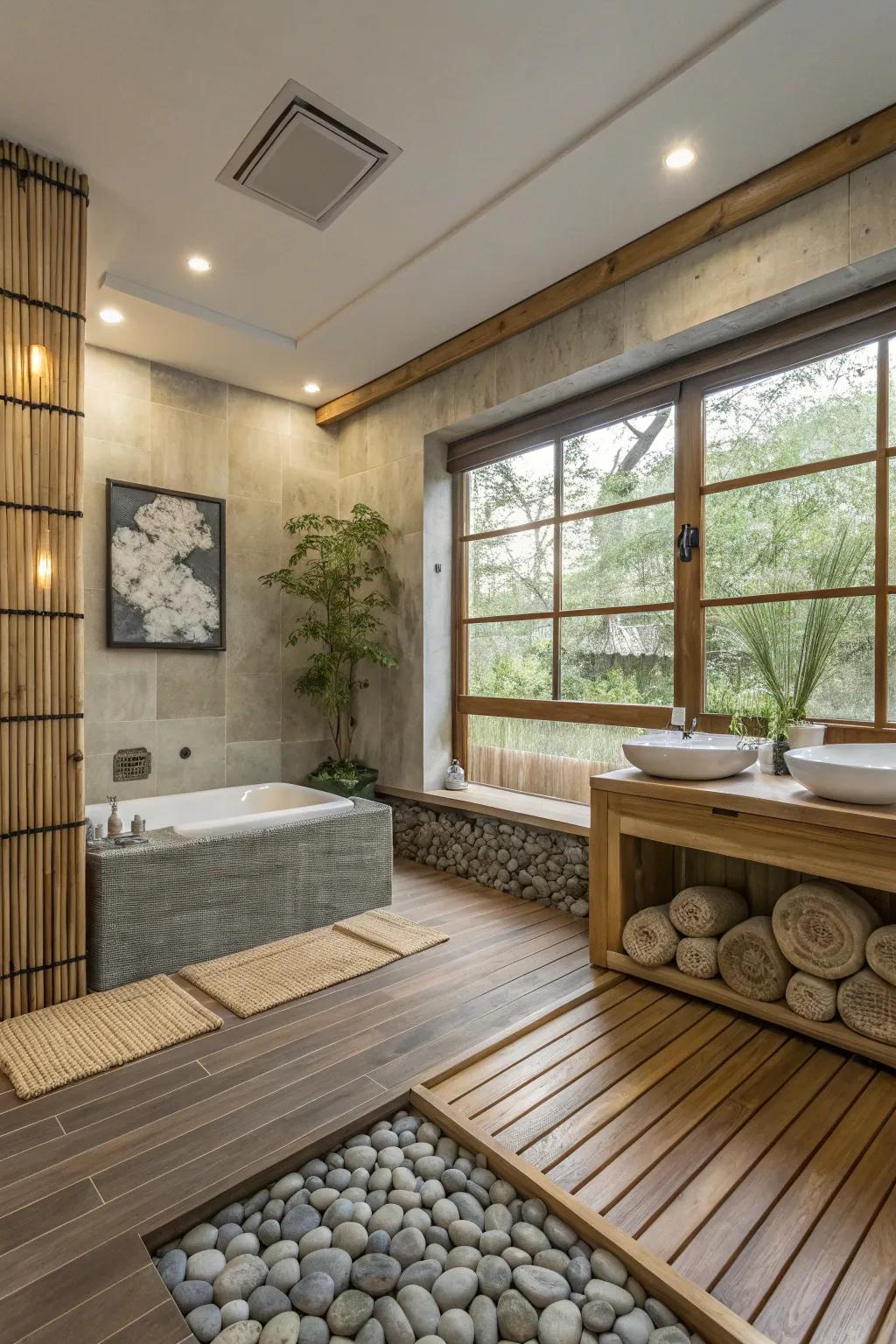 Zen-inspired elements fashion a peaceful retreat in the bathroom.