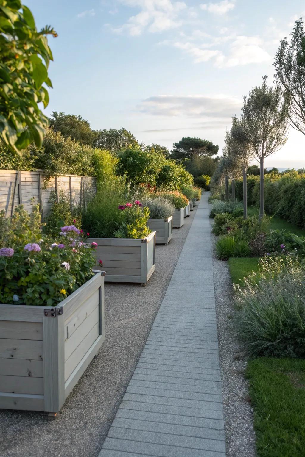 A garden path with multi-functional features, blending beauty with utility.