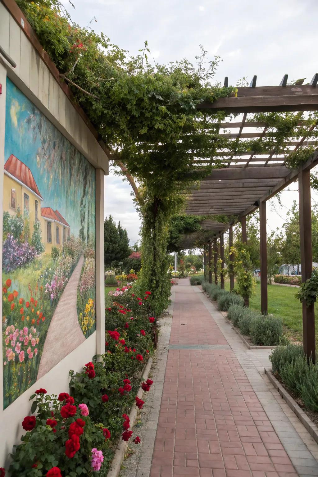 An artistic mural adds a personal touch to your pergola.