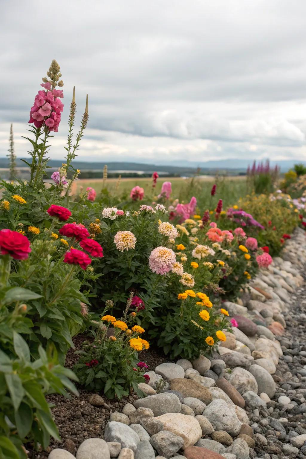 Mineral edges provide definition and contrast to vibrant bloom beds.