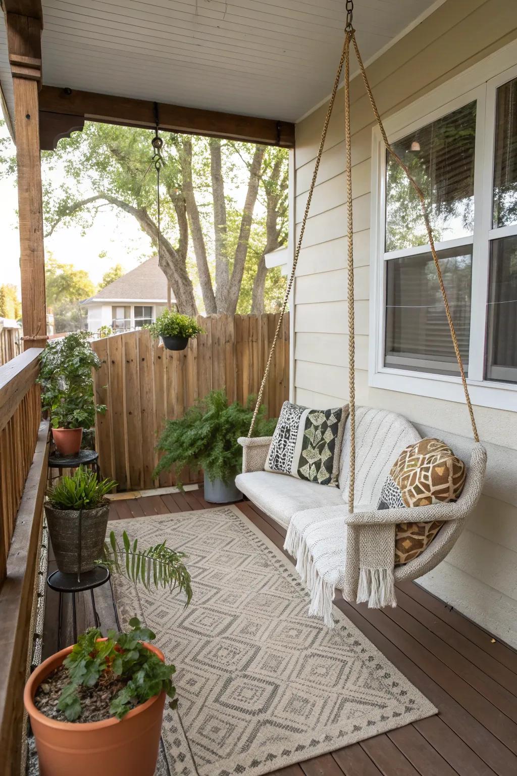 A petite front porch featuring an enchanting swing chair for unwinding.