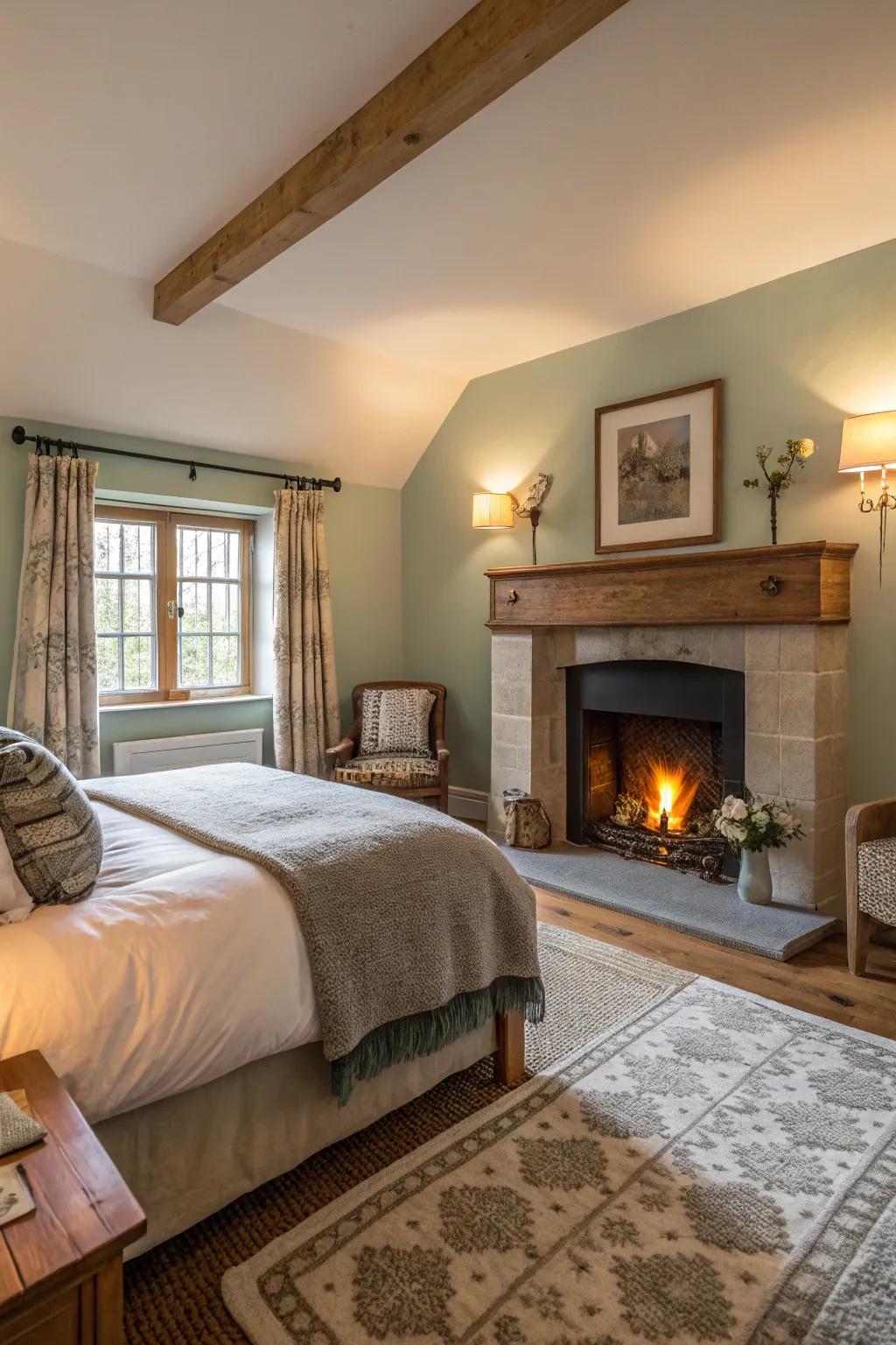 A snug fireplace creates warmth and a focal point in a modern Spanish bedroom.