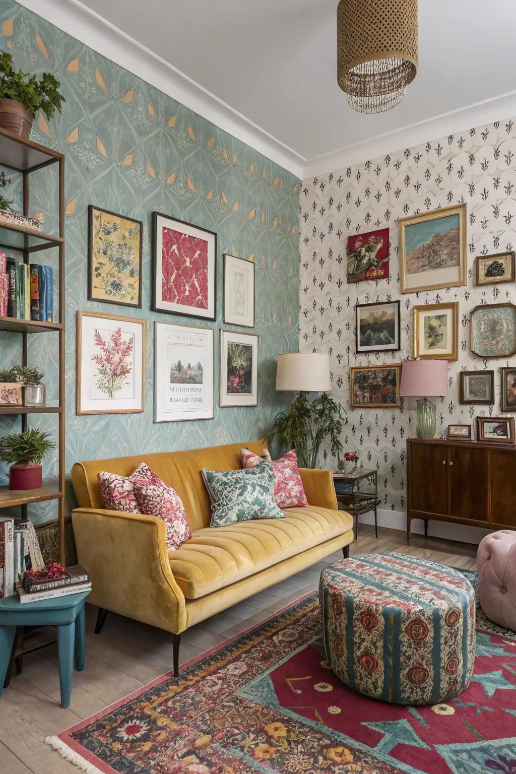 Eclectic mix and match wallcovering creates a unique room.