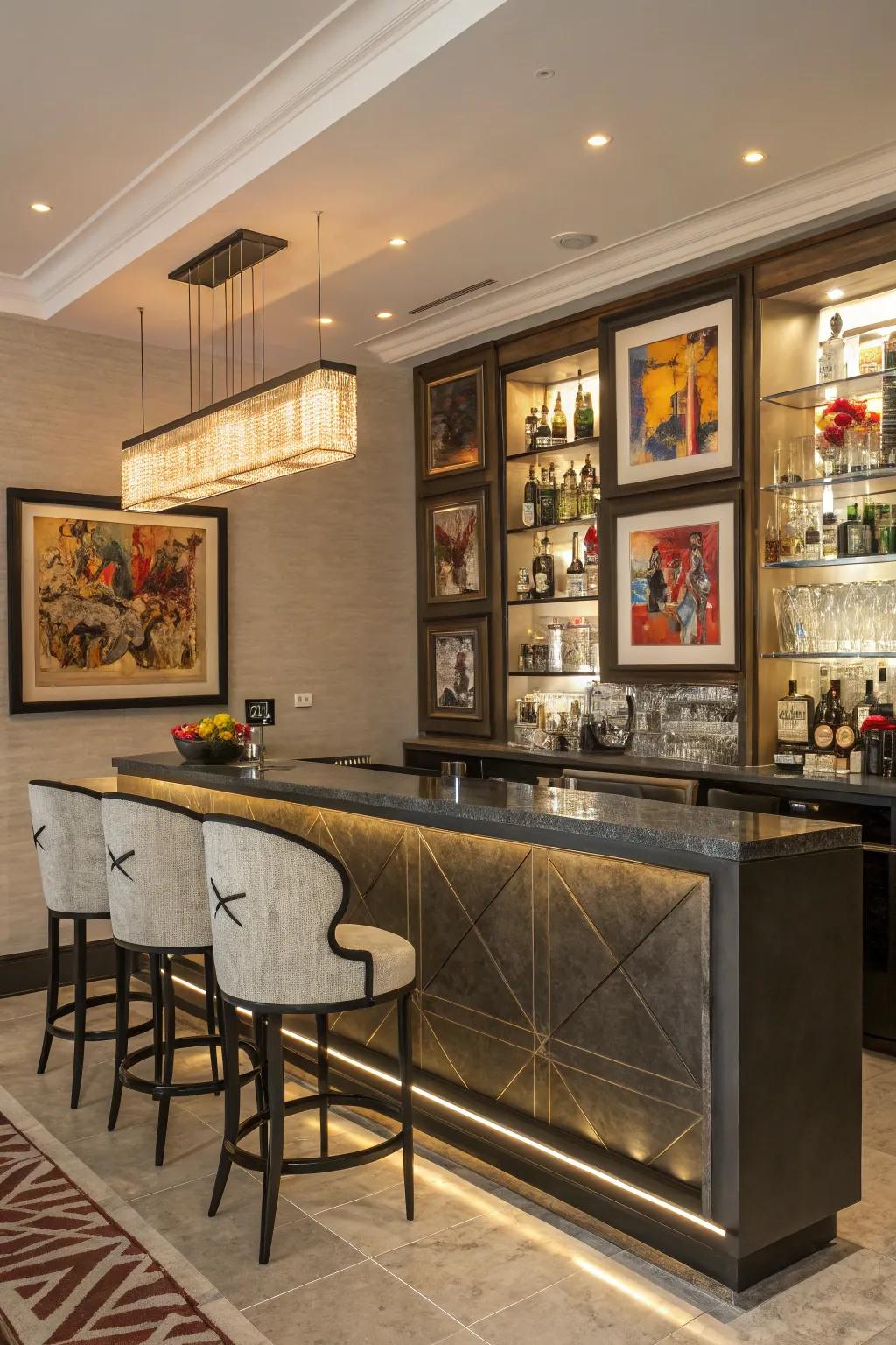 Eclectic art pieces add personality to your wet bar.
