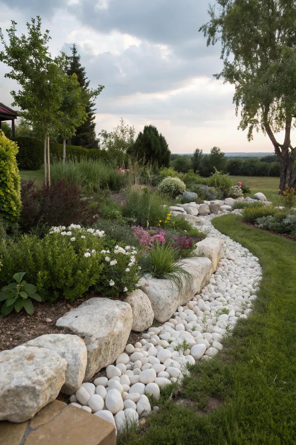 A garden with natural stone borders complementing white stones, blending rustic and modern elements.