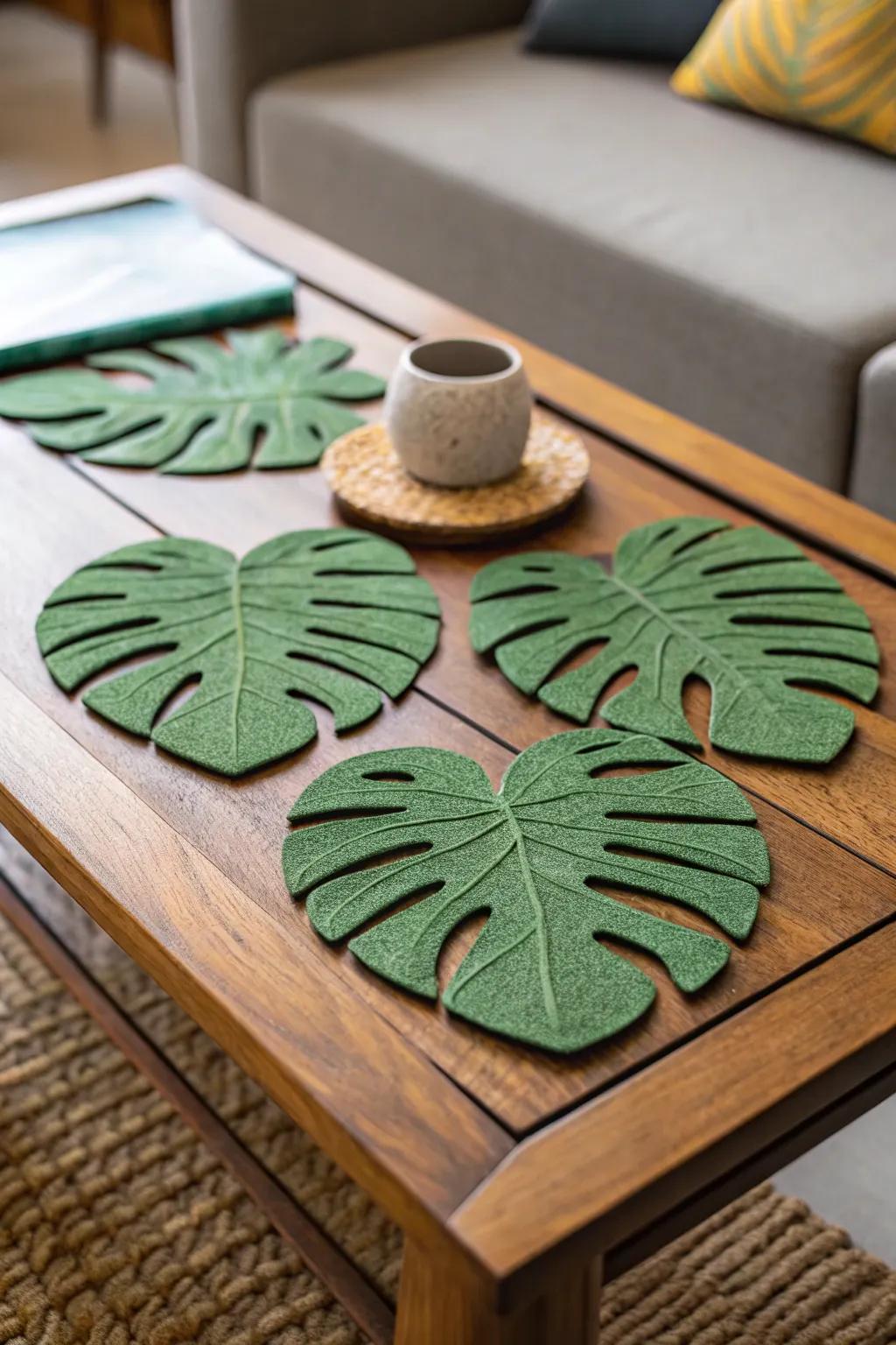 Distinct drink mats crafted from split-leaf philodendron fronds.