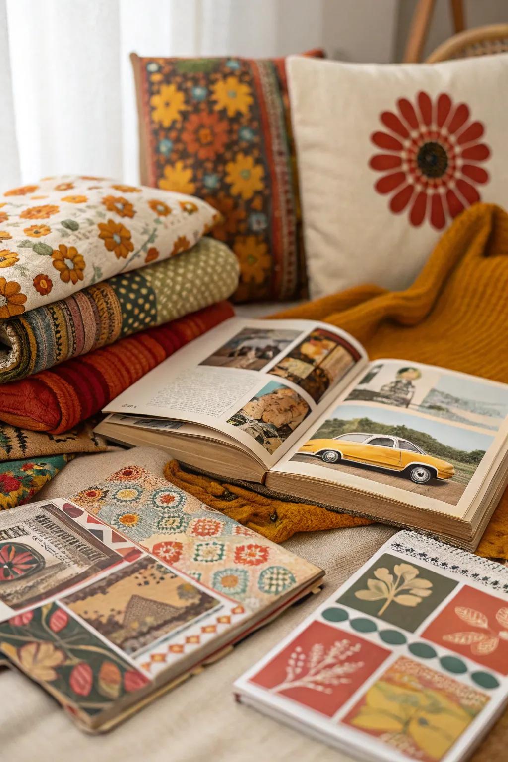 A retro mood board featuring vintage and evocative constituent elements.