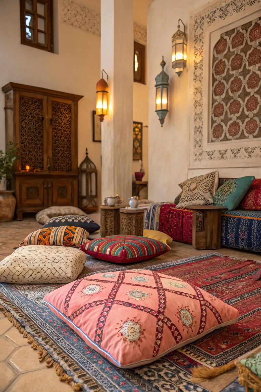 Floor cushions encourage relaxation and add a cozy vibe.