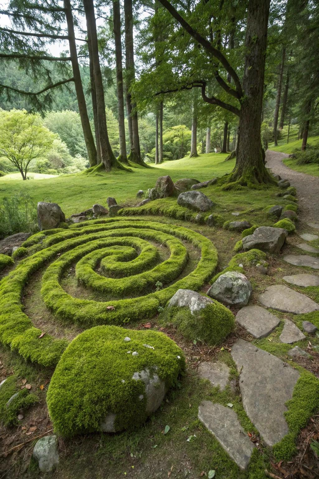 A mesmerizing moss rock spiral adding flair to the garden.