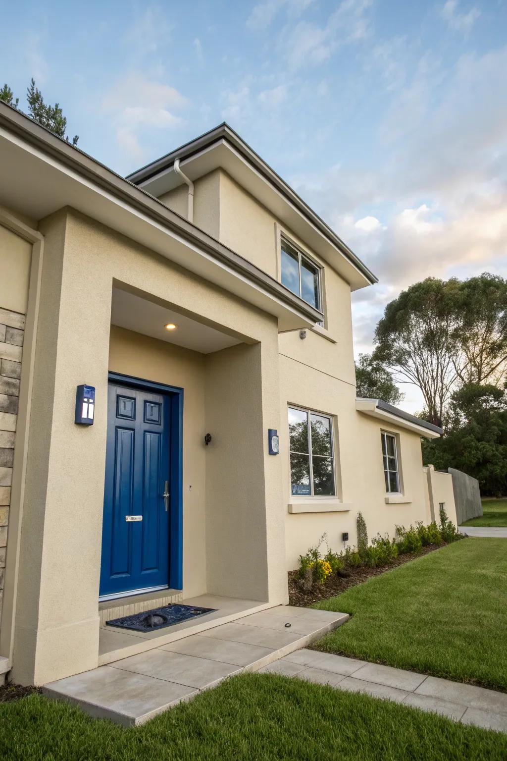 A sapphire entrance creates a bold statement against a beige house.