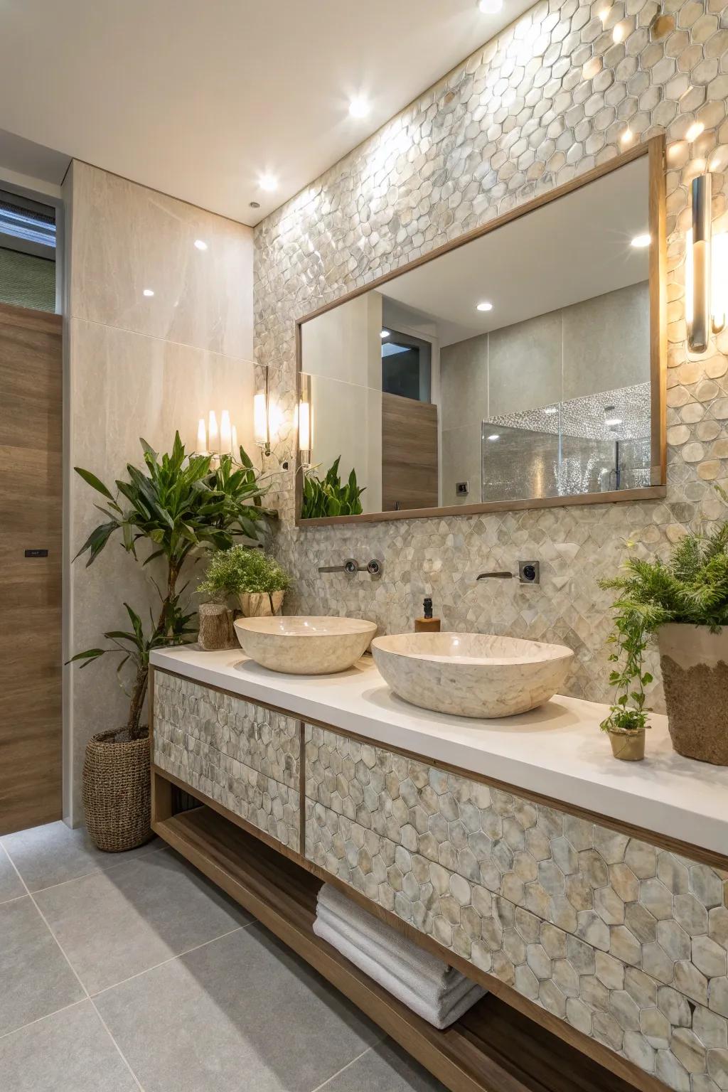 Eco-friendly elegance with sustainably sourced nacre tiles.