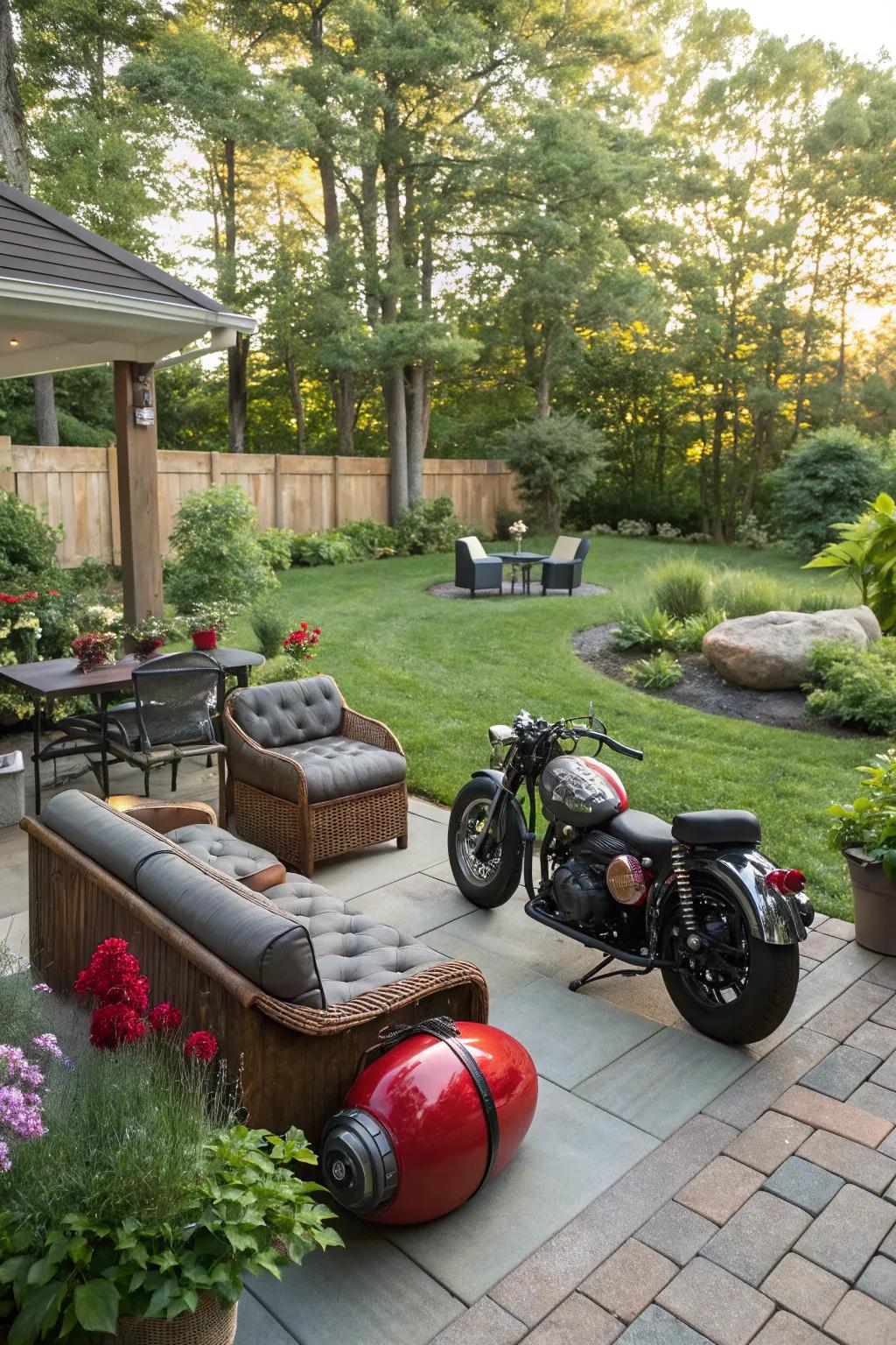 An outdoor patio with bike-inspired touches.