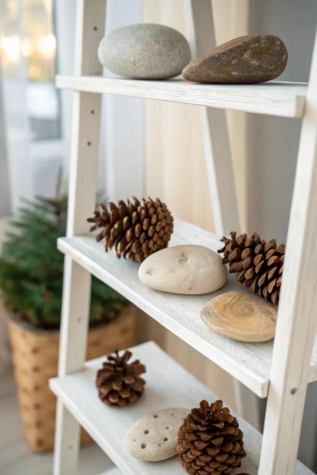 Clean and uncluttered shelving with natural decor items.