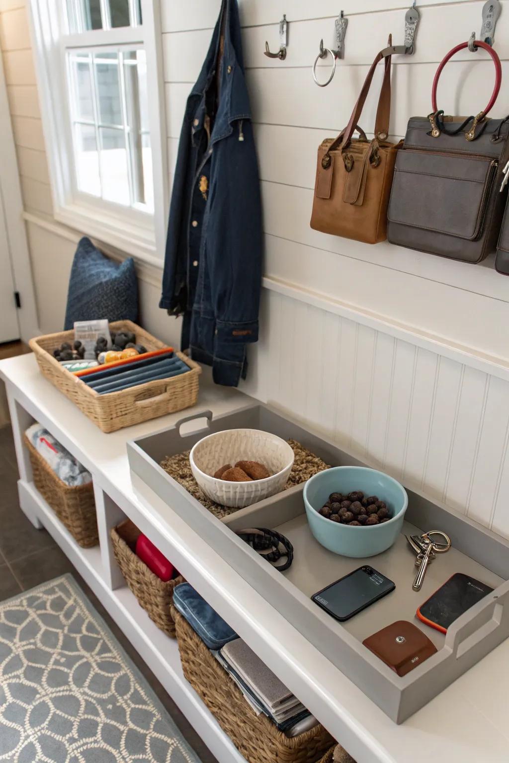 A specific drop-off spot neatly arranges private items.