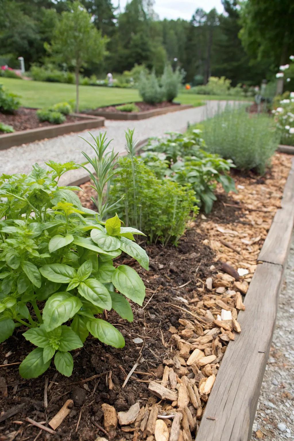 Herbs fashion fragrant, edible mulch perimeters.